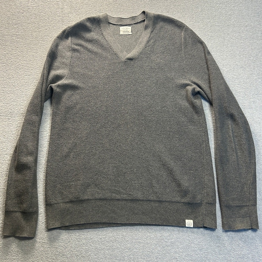 Lucky Brand V-Neck Knit Pullover Sweater Mens Medium Charcoal Gray Ribbed Cuffs